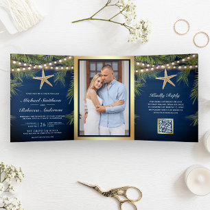 Convite Com Dobra Tripla Casamento Código QR Estrela do Mar Folhas de Palme