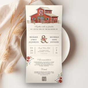 Convite Com Dobra Tripla Casamento Código QR Fazenda Celeiro Vermelho Rústi