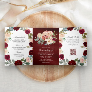 Convite Com Dobra Tripla Casamento Código QR Flor de Pêssego Borgonha Abóbo