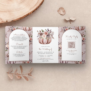 Convite Com Dobra Tripla Casamento Código QR Floral Abóbora Neutro Boho Rús