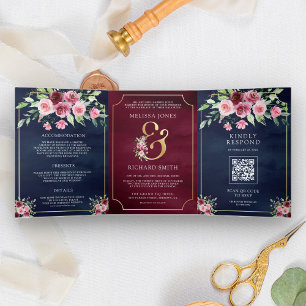 Convite Com Dobra Tripla Casamento Código QR Floral Ampersand Marsala Rosa