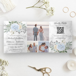 Convite Com Dobra Tripla Casamento Código QR Floral Azul Empoeirado Mármore