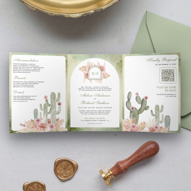 Convite Com Dobra Tripla Casamento Código QR Floral Boho Rosa Pampas Cactus (Criador carregado)