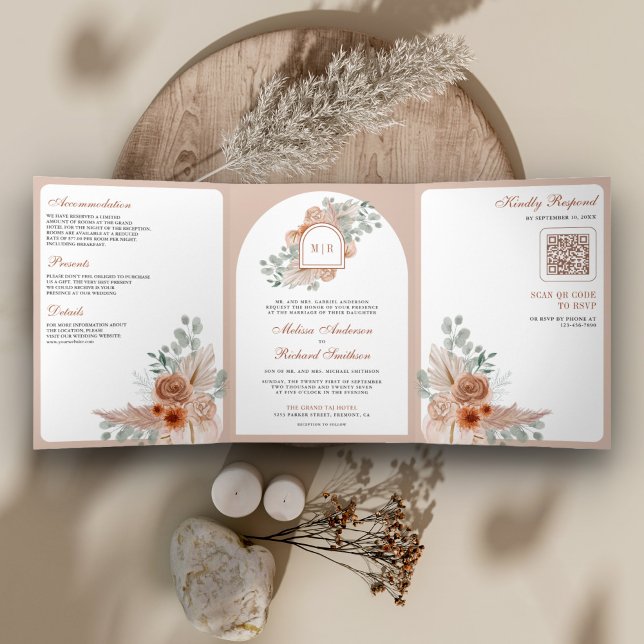Convite Com Dobra Tripla Casamento Código QR Floral Boho Terracota Pampas (Criador carregado)