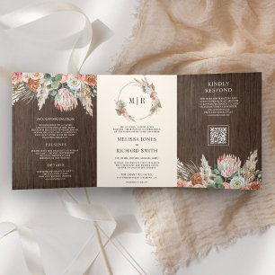 Convite Com Dobra Tripla Casamento Código QR Floral Boho Terroso Pampas Mad