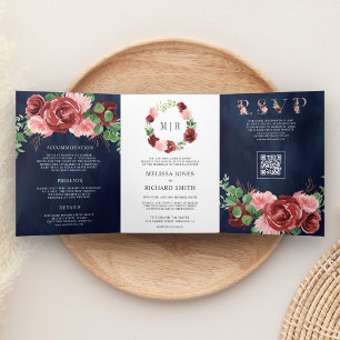 Convite Com Dobra Tripla Casamento Código QR Floral Burgundy Rosa Corado