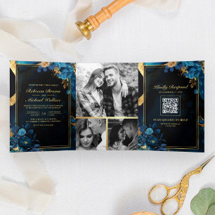 Convite Com Dobra Tripla Casamento Código QR Floral Dourado Azul Real Mármo