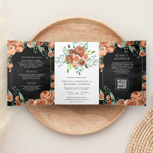 Convite Com Dobra Tripla Casamento Código QR Floral Laranja Queimado Preto