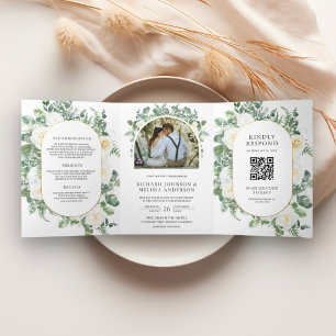 Convite Com Dobra Tripla Casamento Código QR Floral Marfim Folhagem Rústica