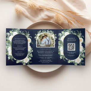 Convite Com Dobra Tripla Casamento Código QR Floral Marinho Verde Rústico M