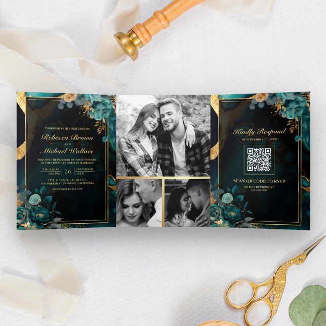 Convite Com Dobra Tripla Casamento Código QR Floral Mármore Dourado Teal Es (Criador carregado)