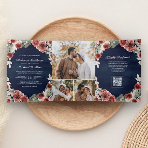 Convite Com Dobra Tripla Casamento Código QR Floral Marsala Azul Marinho