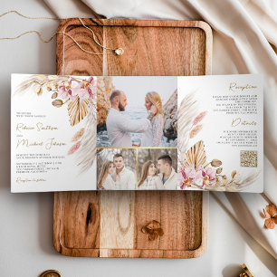 Convite Com Dobra Tripla Casamento Código QR Floral Orquídea Rosa Boho Pamp