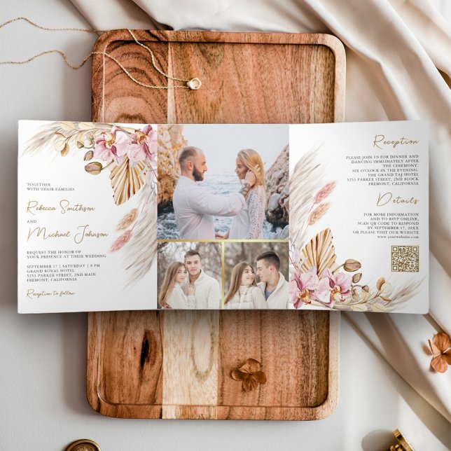 Convite Com Dobra Tripla Casamento Código QR Floral Orquídea Rosa Boho Pamp (Criador carregado)