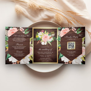 Convite Com Dobra Tripla Casamento Código QR Floral Rosa Bege Madeira Rústi