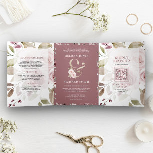 Convite Com Dobra Tripla Casamento Código QR Floral Rosa Empoeirado Desbota