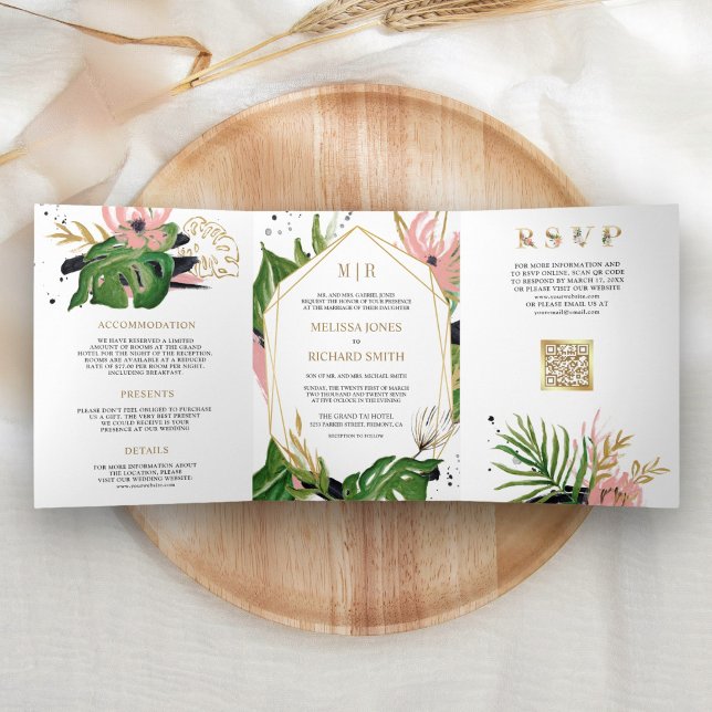 Convite Com Dobra Tripla Casamento Código QR Floral Rosa Tropical Gold (Criador carregado)