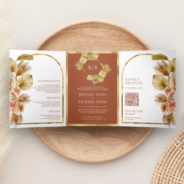 Convite Com Dobra Tripla Casamento Código QR Floral Terroso Boho Palma (Criador carregado)