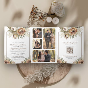 Convite Com Dobra Tripla Casamento Código QR Floral Terroso Neutro Boho