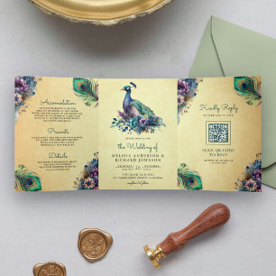 Convite Com Dobra Tripla Casamento Código QR Floral Vintage com Pena de Pav