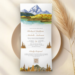 Convite Com Dobra Tripla Casamento Código QR Floresta Montanha Outono