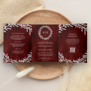 Convite Com Dobra Tripla Casamento Código QR Folha de Galho Vermelho Marrom
