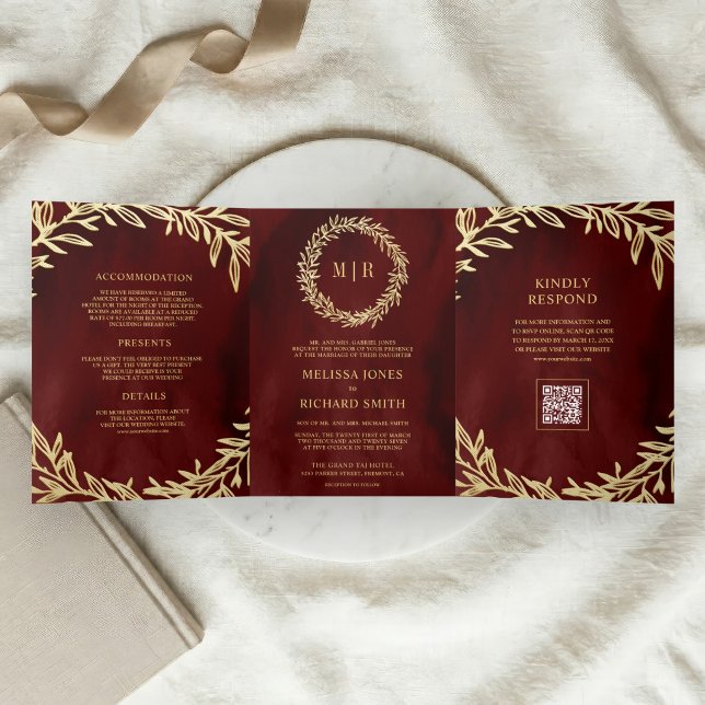 Convite Com Dobra Tripla Casamento Código QR Folha Dourada Galho Vermelho M (Criador carregado)