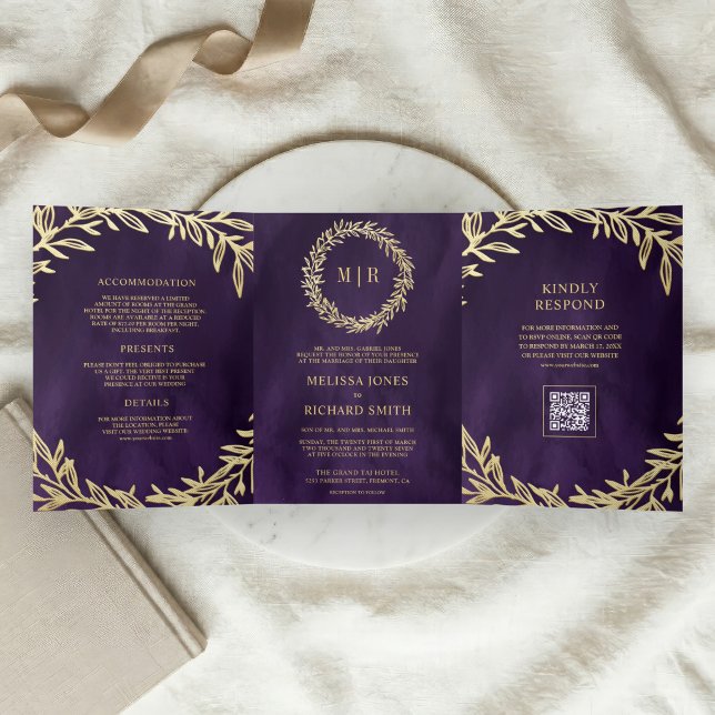 Convite Com Dobra Tripla Casamento Código QR Folha Dourada Roxo Escuro (Criador carregado)