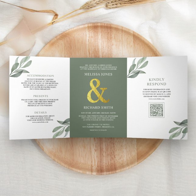 Convite Com Dobra Tripla Casamento Código QR Folhas de Oliveira Verde Sálvi (Criador carregado)