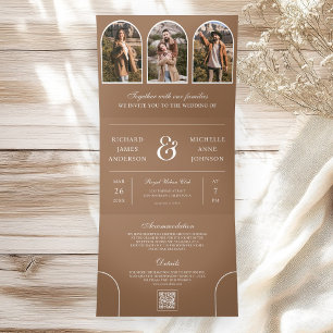 Convite Com Dobra Tripla Casamento Código QR Foto Arco Minimalista Bege Tan