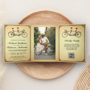 Convite Com Dobra Tripla Casamento Código QR Foto Bicicleta Tandem Fofa Vin
