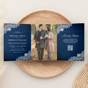 Convite Com Dobra Tripla Casamento Código QR Foto com Renda de Madeira Azul