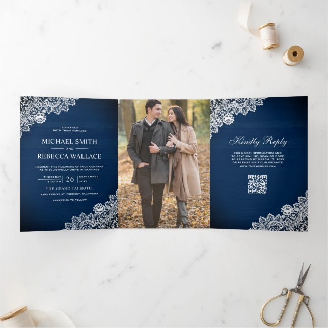 Convite Com Dobra Tripla Casamento Código QR Foto com Renda de Madeira Azul (Dentro)