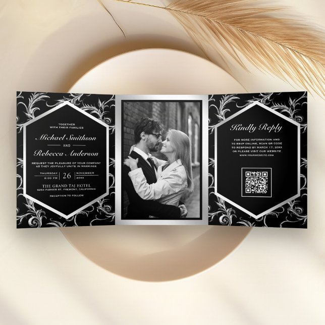 Convite Com Dobra Tripla Casamento Código QR Foto Floral Preto Prata (Criador carregado)