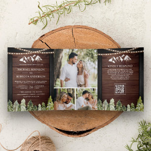 Convite Com Dobra Tripla Casamento Código QR Foto Floresta Montanhosa de Ma