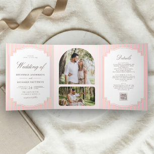 Convite Com Dobra Tripla Casamento Código QR Foto Listrada Rosa Coral Paste