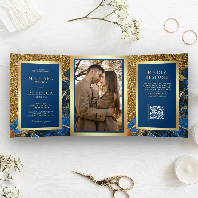 Convite Com Dobra Tripla Casamento Código QR Foto Mármore Azul Real Dourado (Criador carregado)