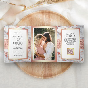 Convite Com Dobra Tripla Casamento Código QR Foto Mármore Branco Dourado Ro