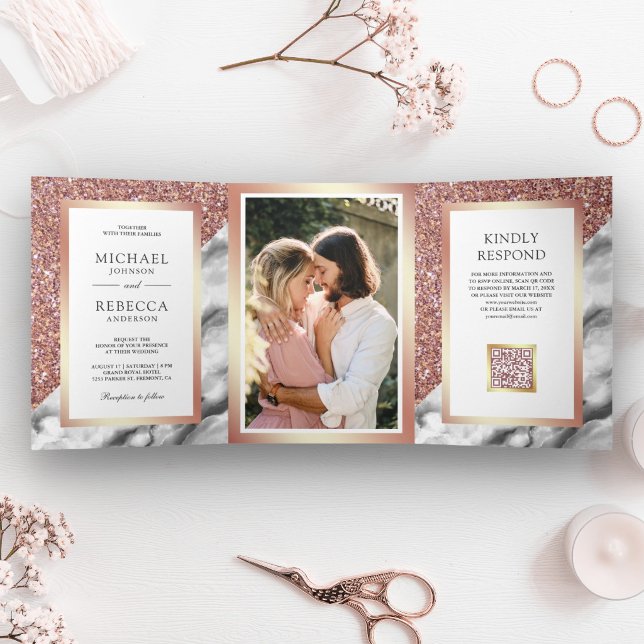 Convite Com Dobra Tripla Casamento Código QR Foto Mármore Cinza Dourado Ros (Criador carregado)