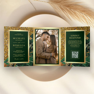 Convite Com Dobra Tripla Casamento Código QR Foto Mármore Verde Esmeralda D