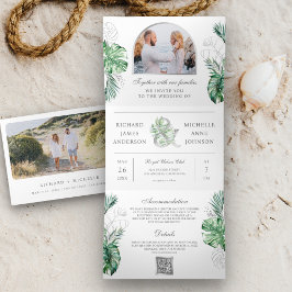 Convite Com Dobra Tripla Casamento Código QR Foto Palma Prateada Tropical