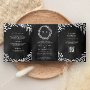 Convite Com Dobra Tripla Casamento Código QR Galho Folha Prata Cinza Carvão