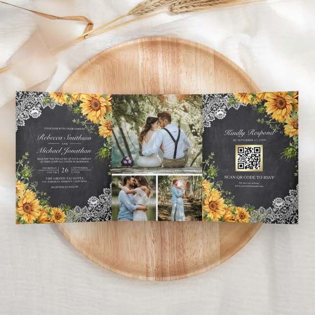 Convite Com Dobra Tripla Casamento Código QR Girassóis de Renda Quadro de G (Criador carregado)