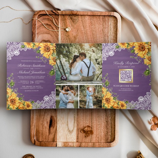 Convite Com Dobra Tripla Casamento Código QR Girassóis Rústicos Lavanda Mad (Criador carregado)