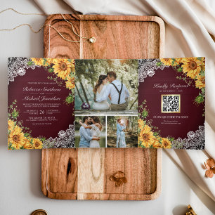 Convite Com Dobra Tripla Casamento Código QR Girassóis Rústicos Madeira Bor