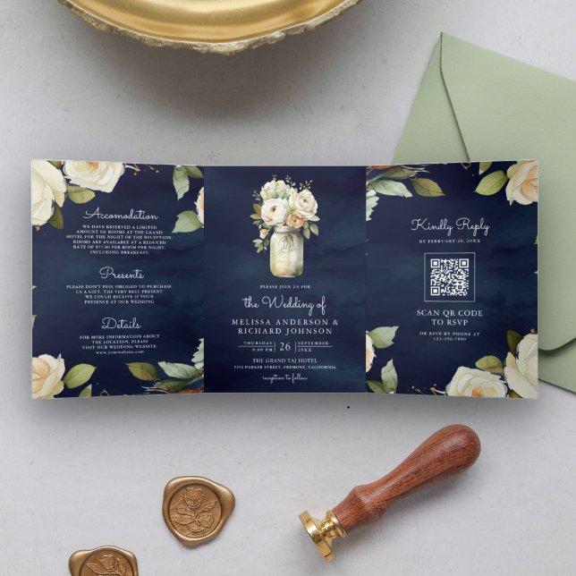 Convite Com Dobra Tripla Casamento Código QR Jarro de Pedra Rosas Brancas A (Criador carregado)