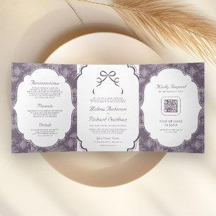 Convite Com Dobra Tripla Casamento Código QR Laço Coquete de Renda Branca R