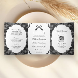Convite Com Dobra Tripla Casamento Código QR Laço Coquete em Preto e Branco