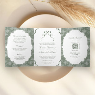 Convite Com Dobra Tripla Casamento Código QR Laço Coquette Verde Sage Branc