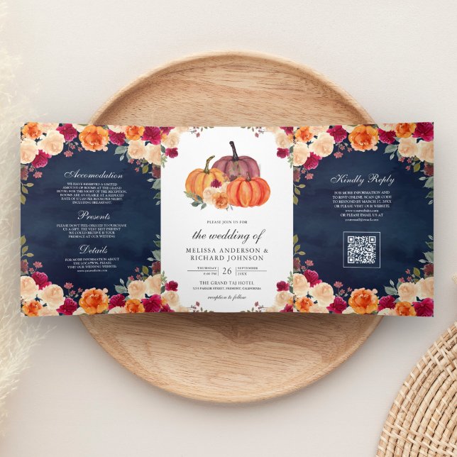 Convite Com Dobra Tripla Casamento Código QR Laranja Queimado Abóbora Azul  (Criador carregado)